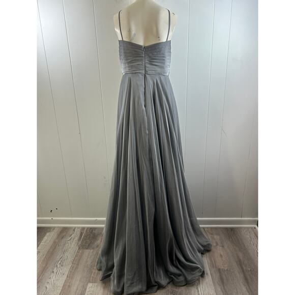 La Femme Chiffon Long Dress w/ pleated bodice w/ hidden zipper in Platinum. 
12 - Picture 4 of 11